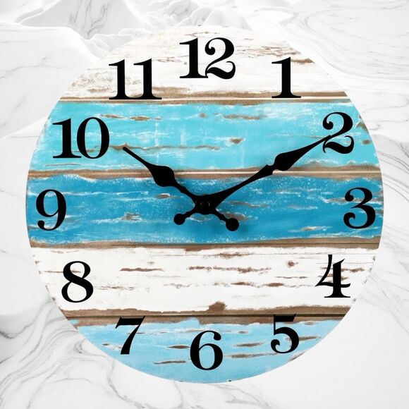 Rustic Beach-Themed Wall Clock  10” Round Distressed Wood Look Blue White Stripe - Picture 1 of 5